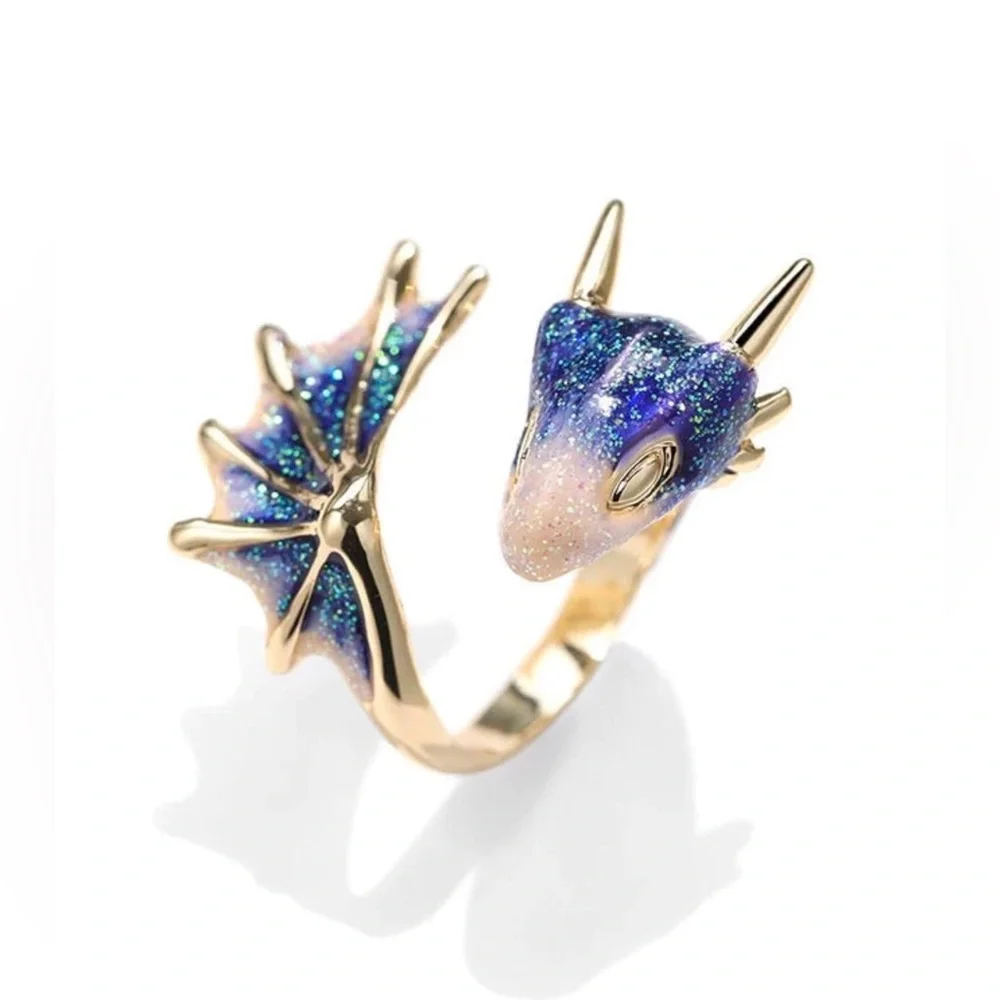 ✨3/$38 New Drip Glaze Glitter Blue Lucky Dragon Adjustable Statement Ring - Picture 1 of 14